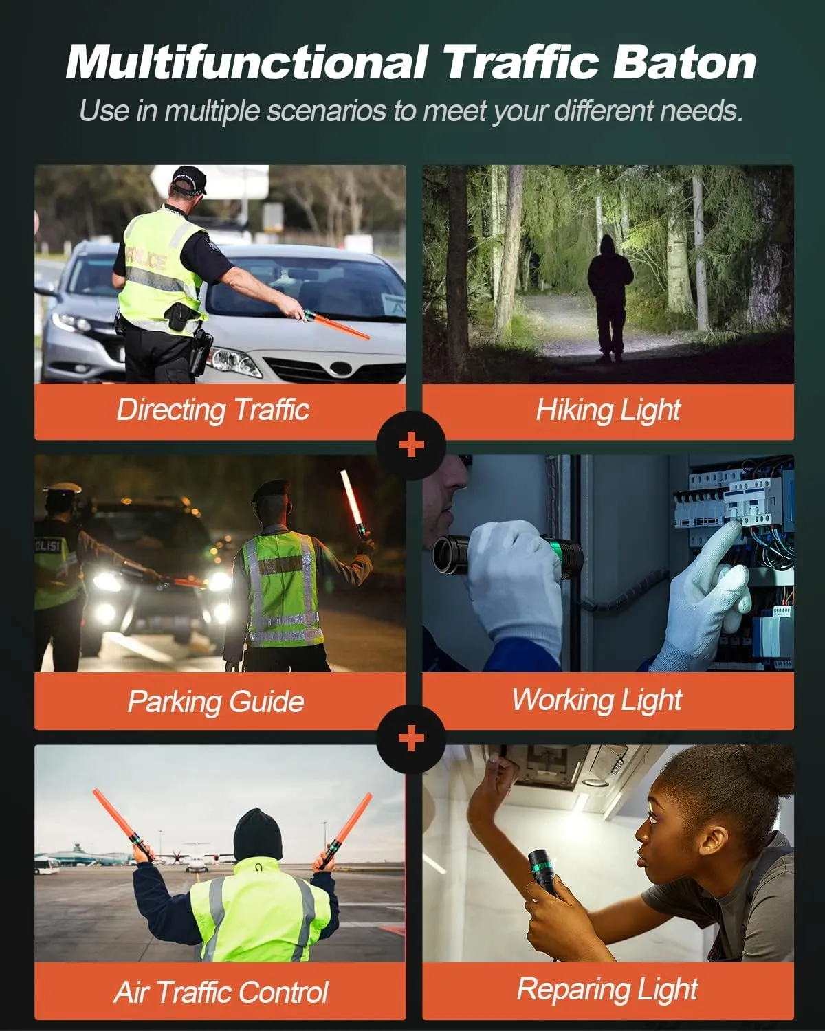 RoadHero 4 Pack Traffic Wand, 16 Inch Flashlight Led Traffic Control Baton, Small Orange Safety Wands, Air Marshaling Wand with 5 Flashing Modes, Night Signal Light for Airport, Parking Directing