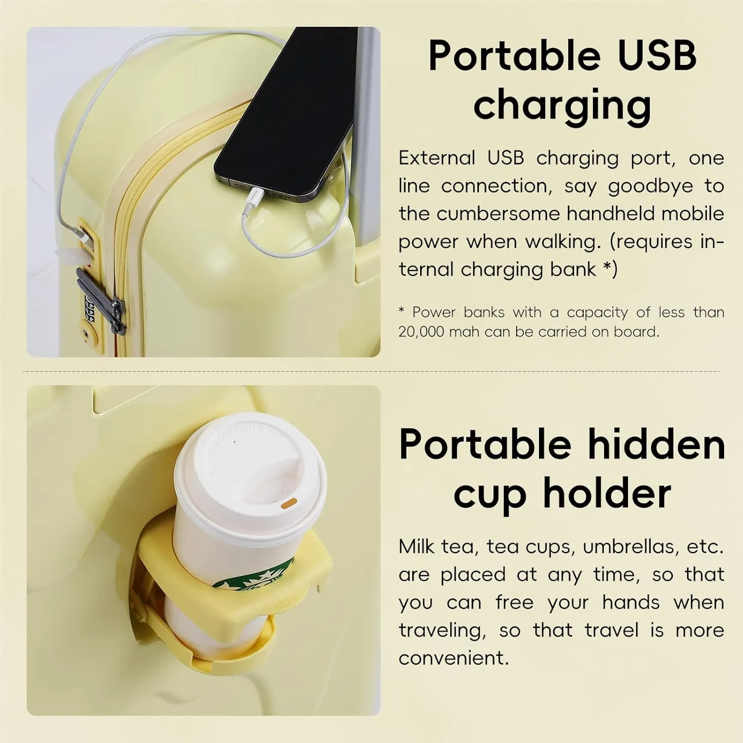 ROAMING 26 Inch PC Hard Sided Checked-Large Luggage with TSA Lock Cup Holder USB Charging Port and Spinner Wheels Lightweight Durable Ice Cream Travel Suitcase for Women Cheese yellow