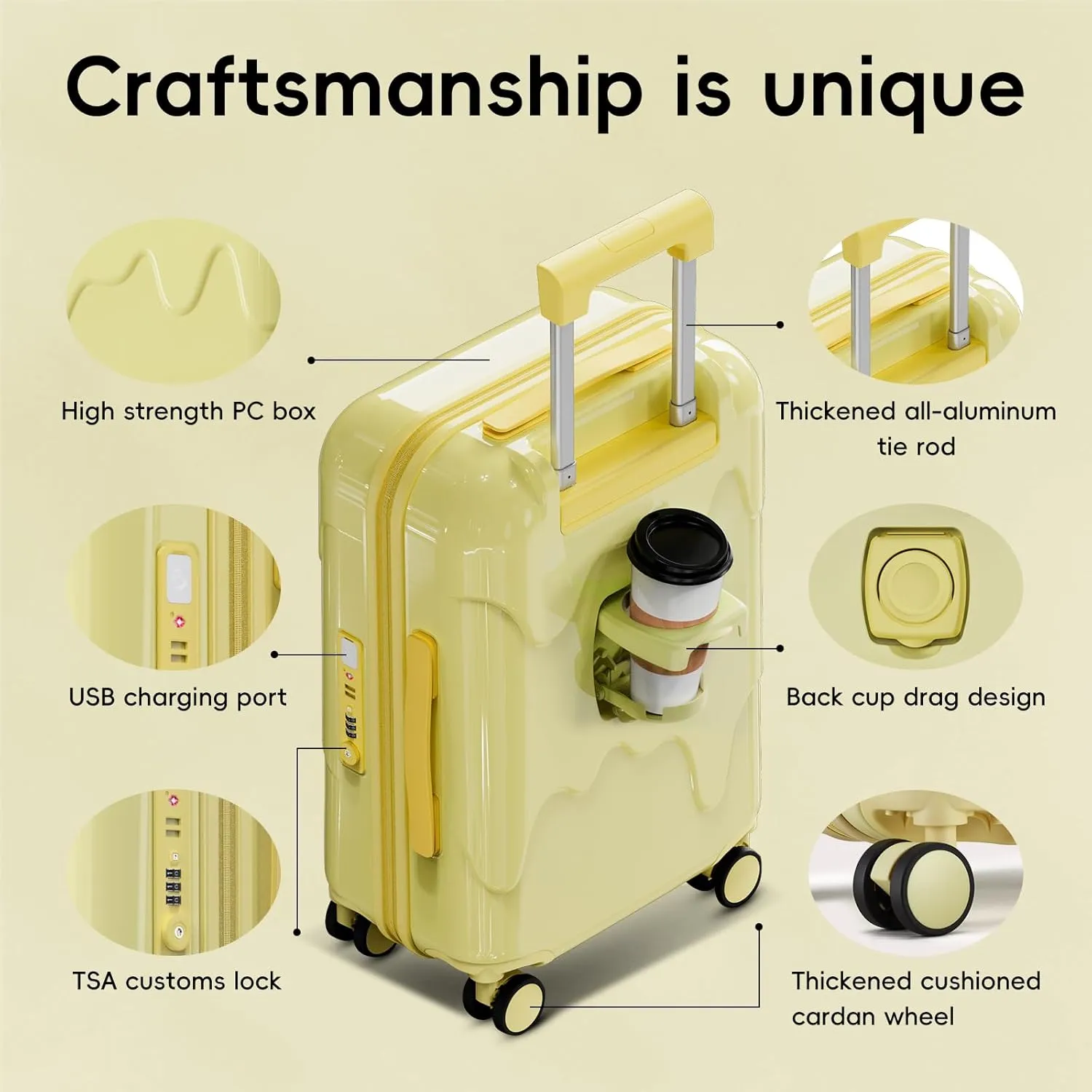 ROAMING 26 Inch PC Hard Sided Checked-Large Luggage with TSA Lock Cup Holder USB Charging Port and Spinner Wheels Lightweight Durable Ice Cream Travel Suitcase for Women Cheese yellow