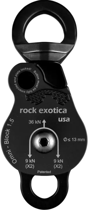 Rock Exotica Omni-Block 1.5" Double Swivel Pulley (Black) – High-Strength Swivel Pulley with Sideplate Access for Rigging – Made in The USA
