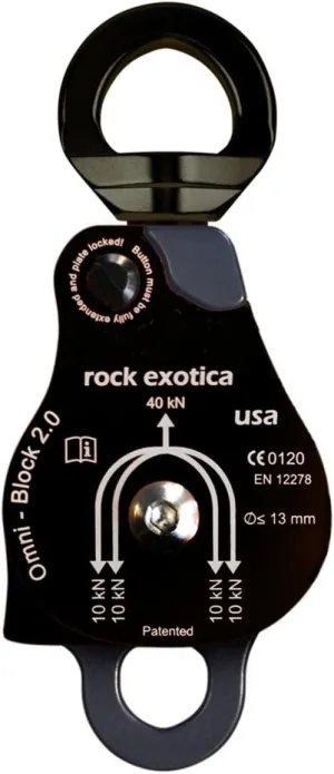 Rock Exotica Omni-Block 2.0" Double Swivel Pulley (Black) – High-Strength Swivel Pulley with Sideplate Access for Rigging – Made in The USA