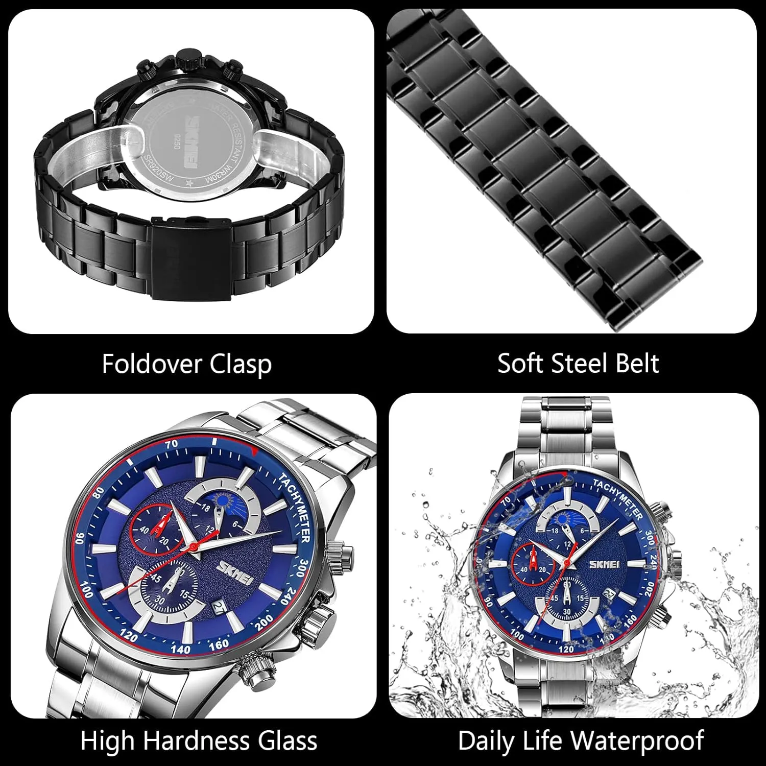 RORIOS Mens Watches Waterproof Analogue Quartz Watch with Stainless Steel Brecelet Fashion Chronograph Watch Watch for Men