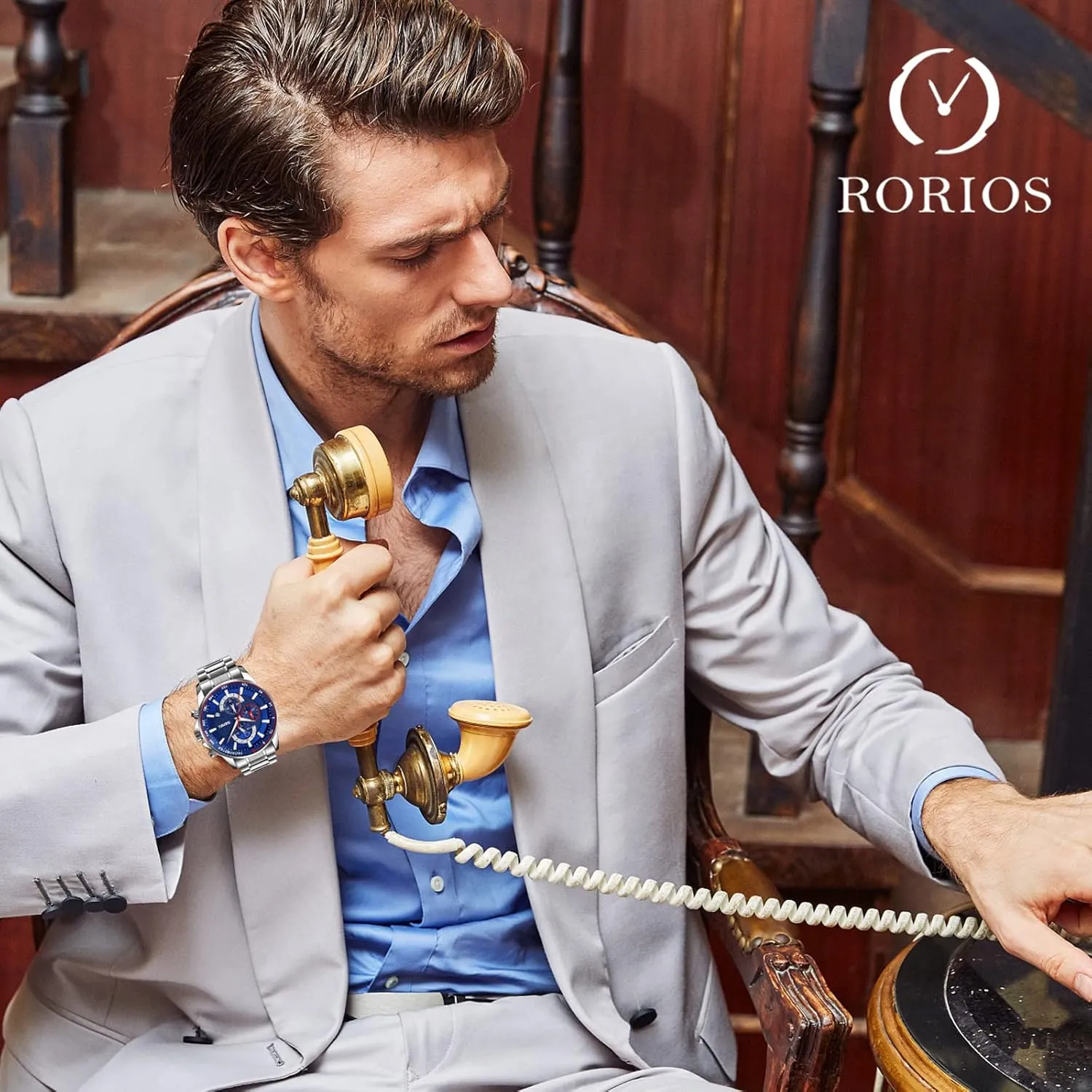 RORIOS Mens Watches Waterproof Analogue Quartz Watch with Stainless Steel Brecelet Fashion Chronograph Watch Watch for Men
