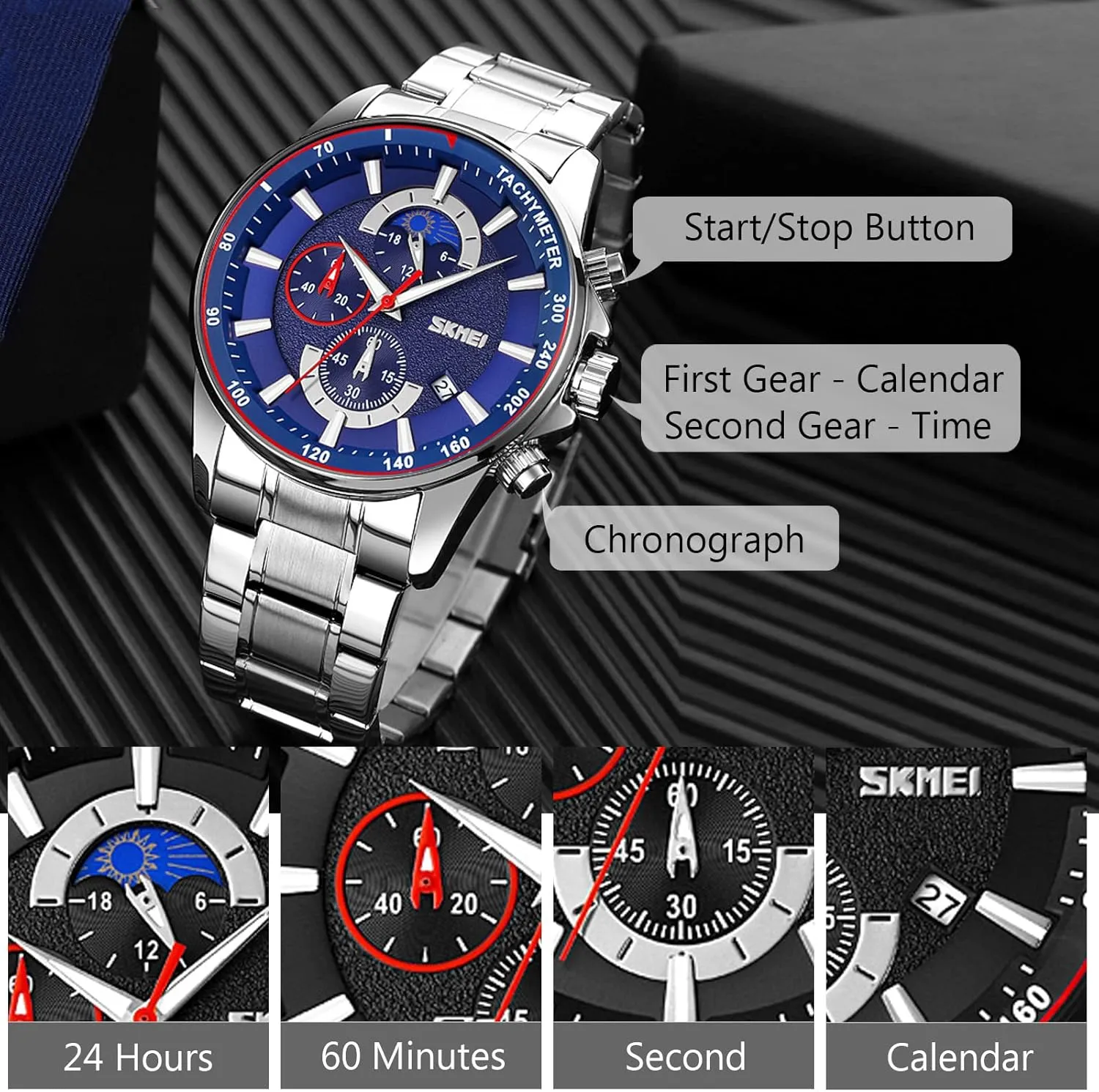 RORIOS Mens Watches Waterproof Analogue Quartz Watch with Stainless Steel Brecelet Fashion Chronograph Watch Watch for Men