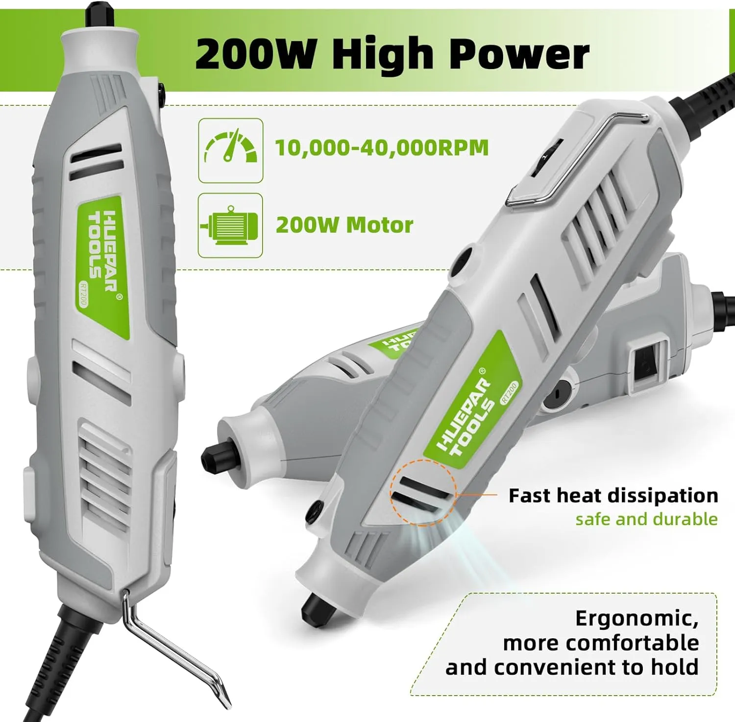 Rotary Tool Kit, 200W 1.8 AMP Huepar Tools with Flex Shaft 239pcs Accessories include MultiPro Keyless Chuck, 6 Variable Speed 10000-40000RPM Electric Drill Set for Crafting Projects and DIY Creations