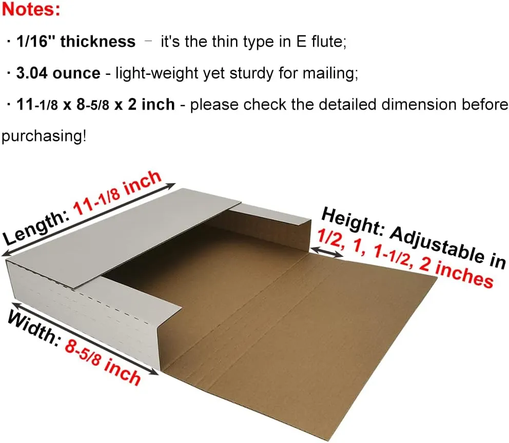 ROTCH 200 Pack 11.125x8.625x2'' Cardboard Easy-Fold Shipping Boxes, Letter-Size Corrugated Mailers in Height Adjustable for Mailing Comic Books Magazines Photos, White (EZ1182-200)