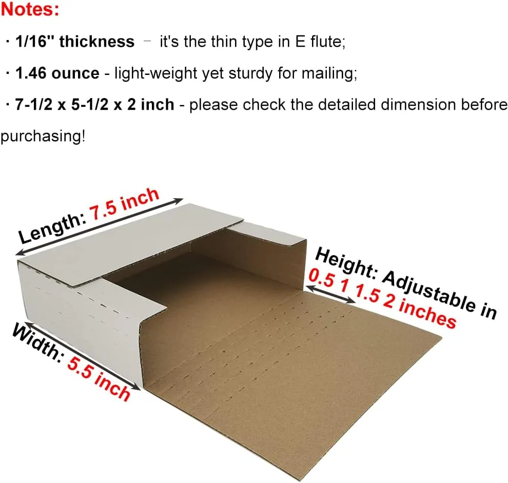 ROTCH 300 Pack 7.5x5.5x2'' Corrugated Easy-Fold Mailers, Small Cardboard Boxes in Versatile Height, White (EZ752-300)