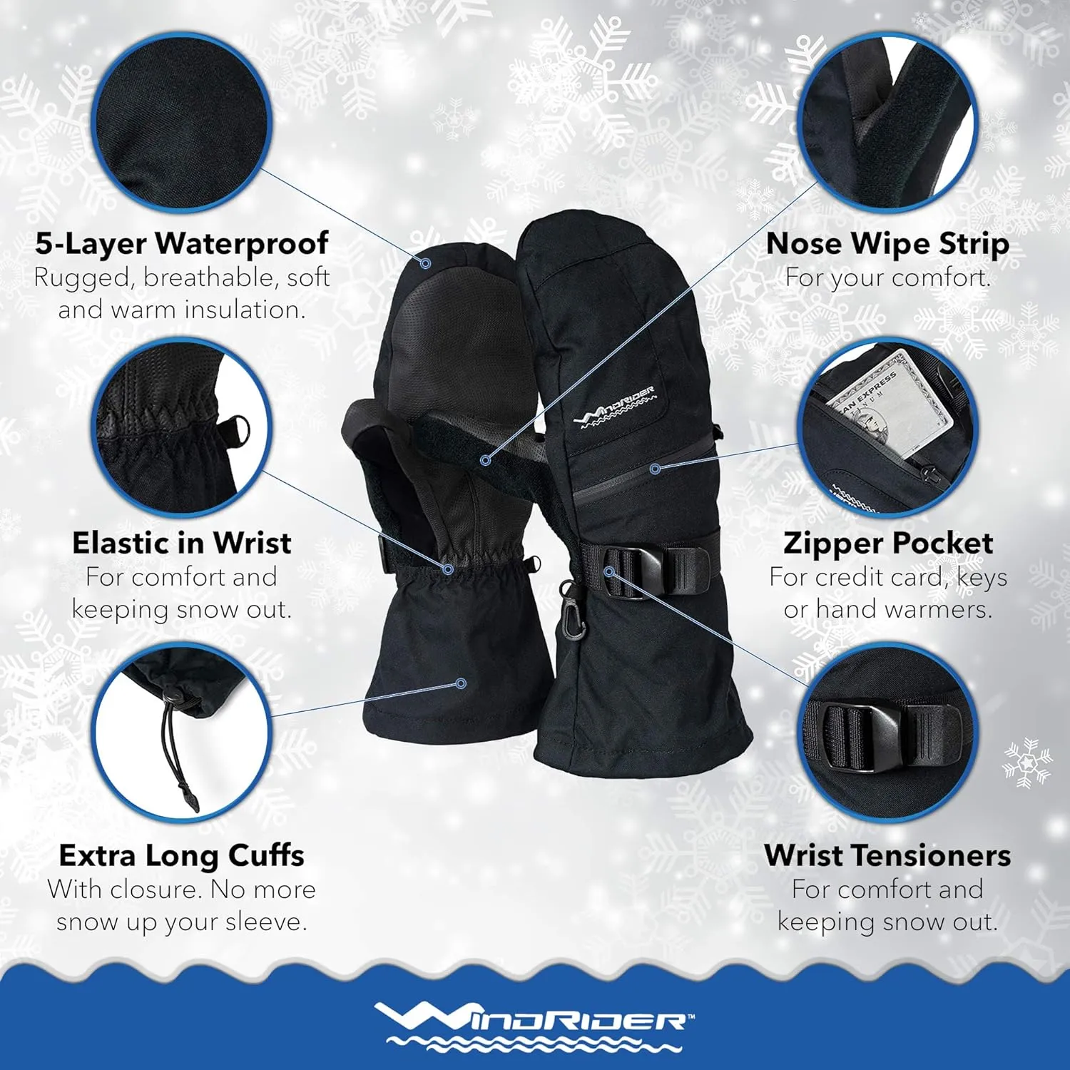 Rugged Waterproof Winter Mittens | Extra Long Gauntlets | Snowboard, Ski, Ice Fishing, Mittens | Medium Weight