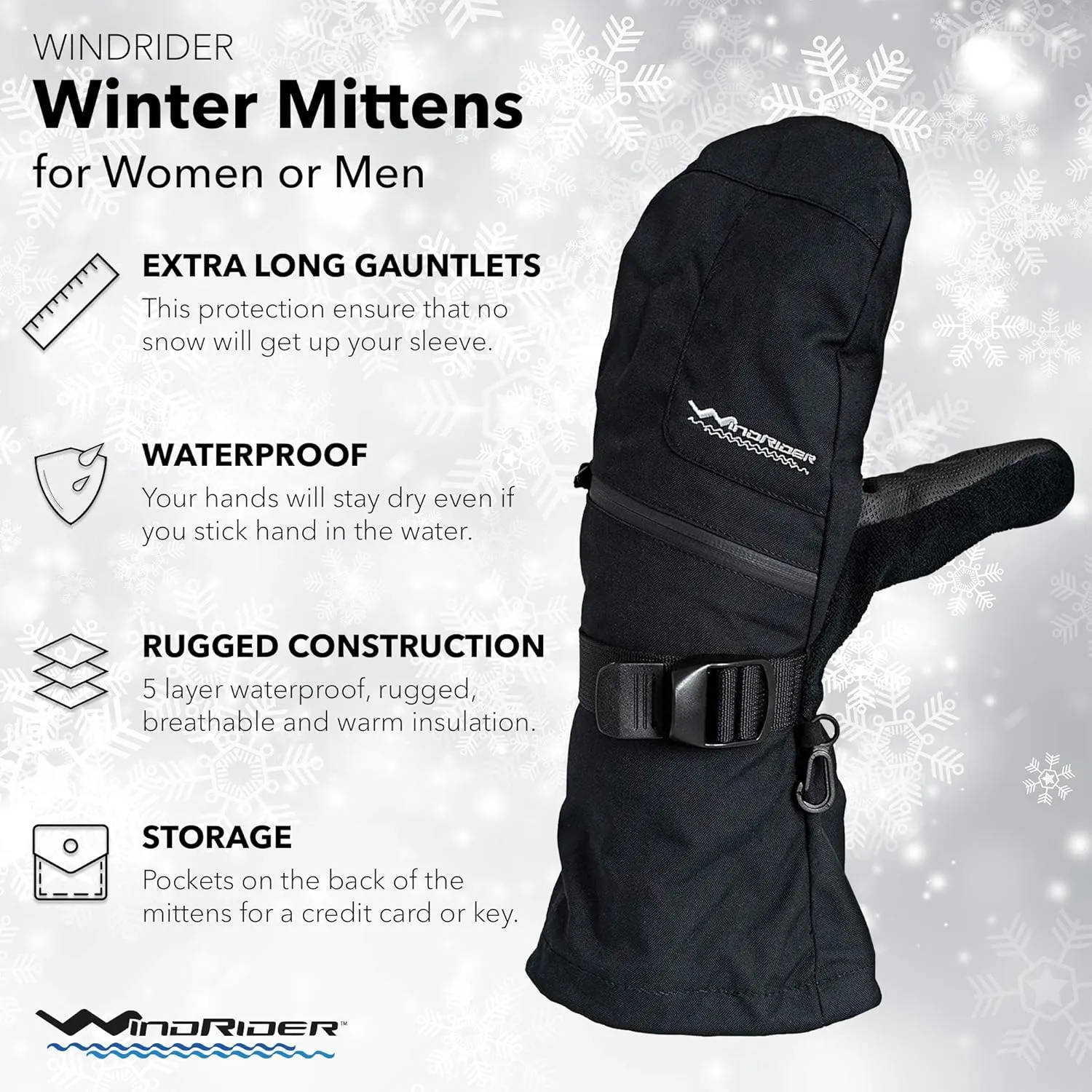 Rugged Waterproof Winter Mittens | Extra Long Gauntlets | Snowboard, Ski, Ice Fishing, Mittens | Medium Weight