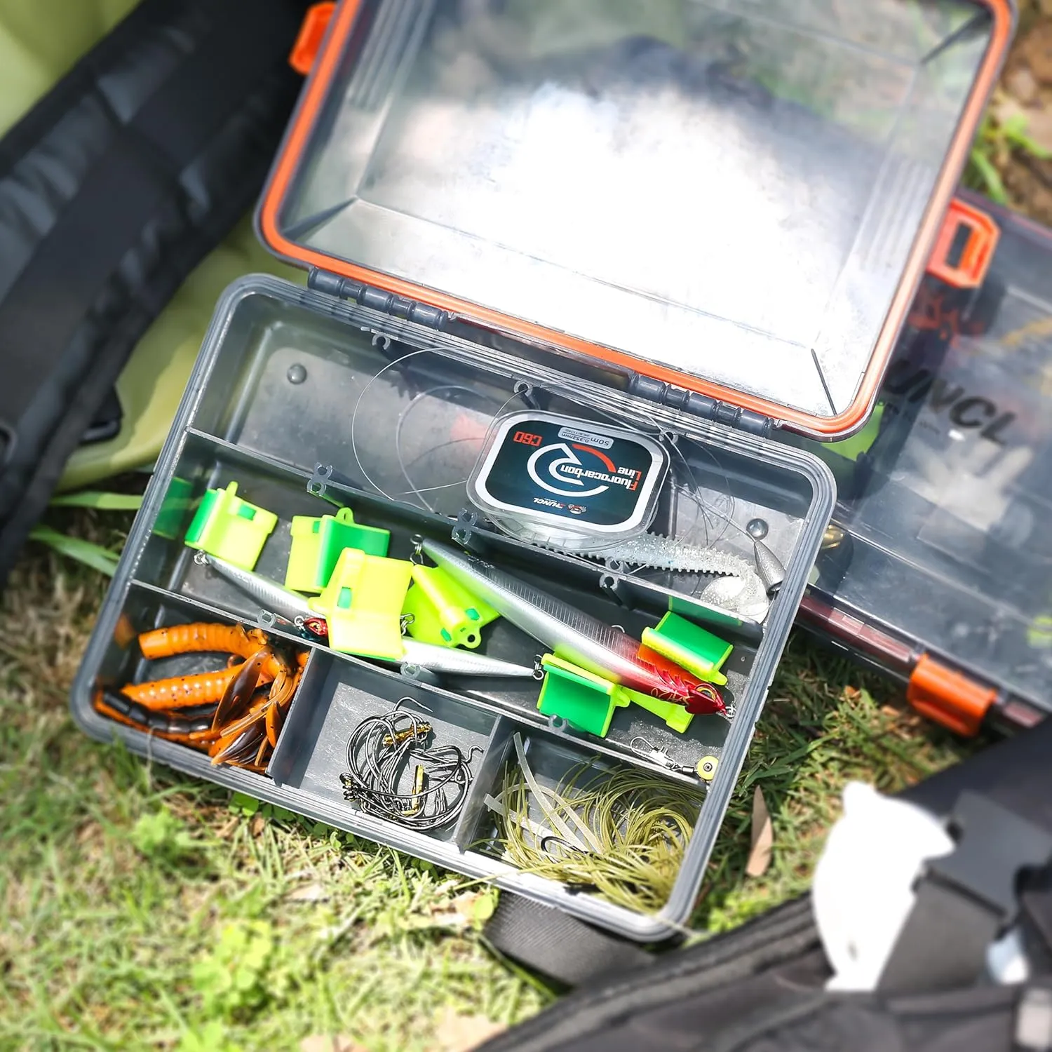 RUNCL Fishing Tackle Box, Waterproof Airtight Stowaway, 3600/3700 Tray Tackle Box with Adjustable Dividers, Plastic Storage Organizer (4pcs 3700)