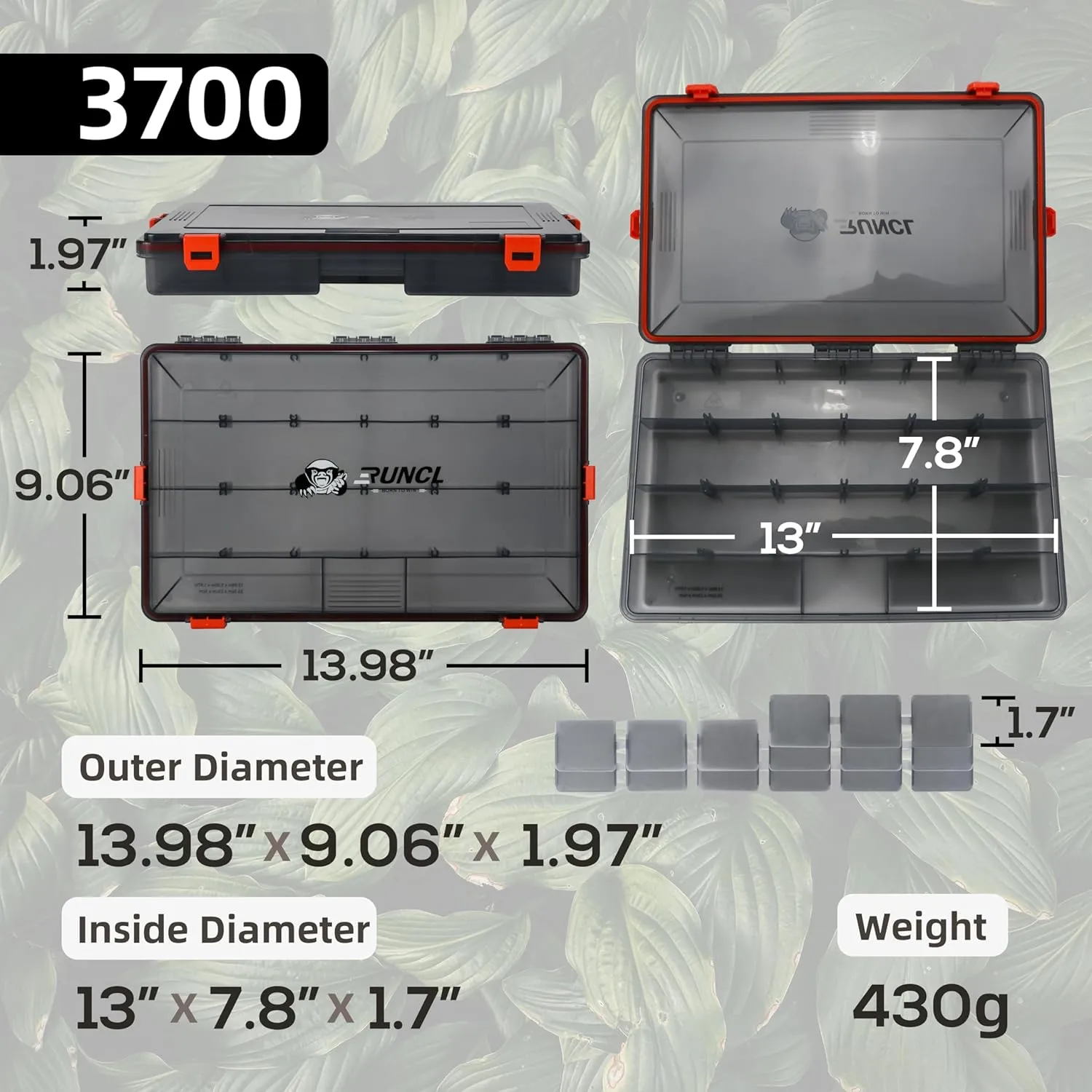 RUNCL Fishing Tackle Box, Waterproof Airtight Stowaway, 3600/3700 Tray Tackle Box with Adjustable Dividers, Plastic Storage Organizer (4pcs 3700)