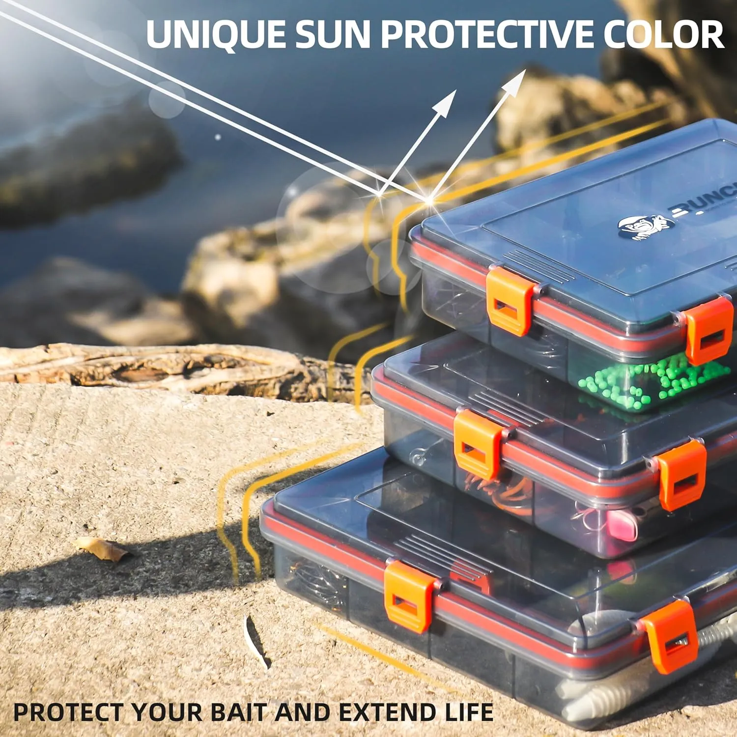 RUNCL Fishing Tackle Box, Waterproof Airtight Stowaway, 3600/3700 Tray Tackle Box with Adjustable Dividers, Plastic Storage Organizer (4pcs 3700)