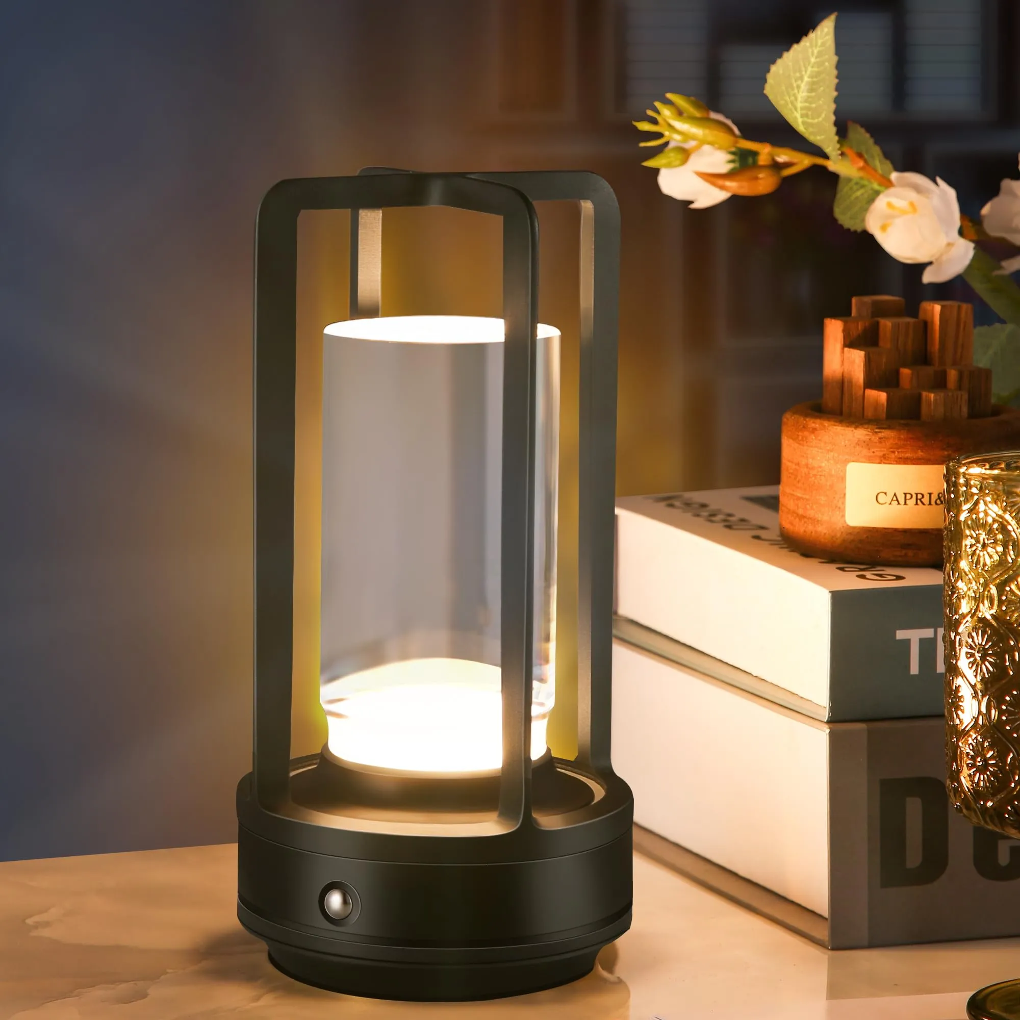 Rynx | Grasomtools Portable Metal Table Lamp, Wireless Table Lamp, Rechargeable Battery-Powered Lights, Led Table Lamps, 3-Color Stepless Dimmer Touch, For Bedroom Restaurant Home Outdoor (Black)
