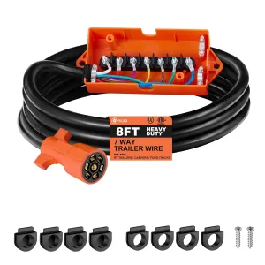 SAE 7 Way Trailer Plug Cord Wiring Harness with Junction Box,Heavy Duty Waterproof Double Prongs Connector, Light & Brake Control 7 Inline Trailer Cable for SAE Standard (8ft)