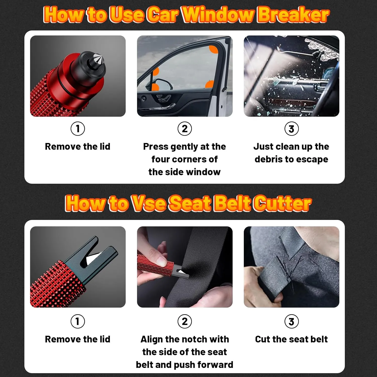 Safety Hammer - Safe Hammer Glass Breaker Under Water, Upgraded Antiskid, Car Hammer Seatbelt Cutter Car Window Breaker Emergency Escape Tool, Safe Hammer Glass Breaker for New Cars (2PCS Red)