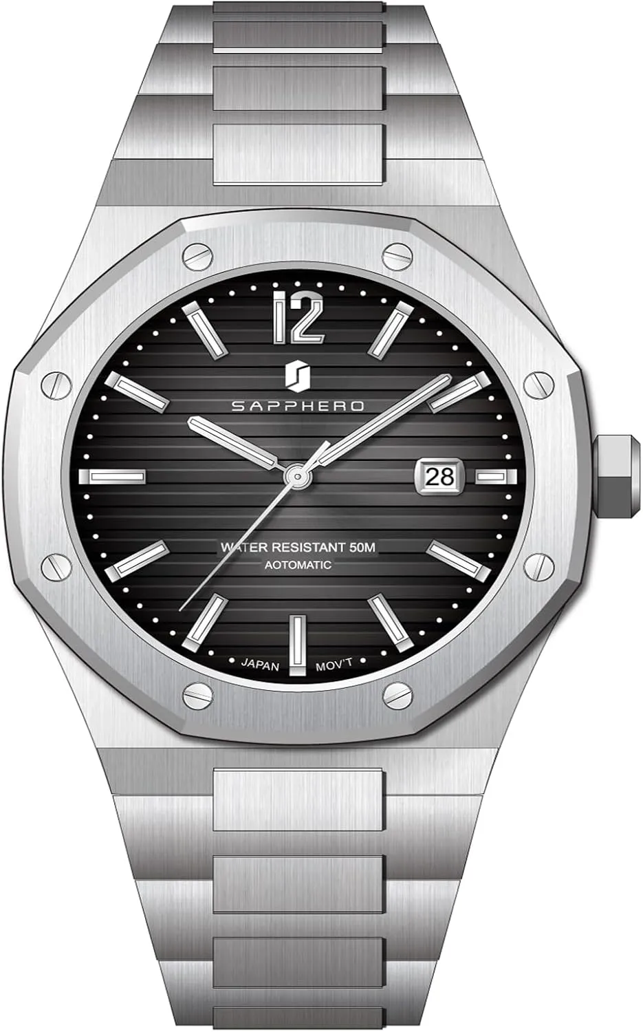 SAPPHERO Men's Watches Mechanical Automatic Watches for Men Date Luxury Analog 50 Meter Waterproof Business Sports Stainless Steel Strap Wristwatches for Man