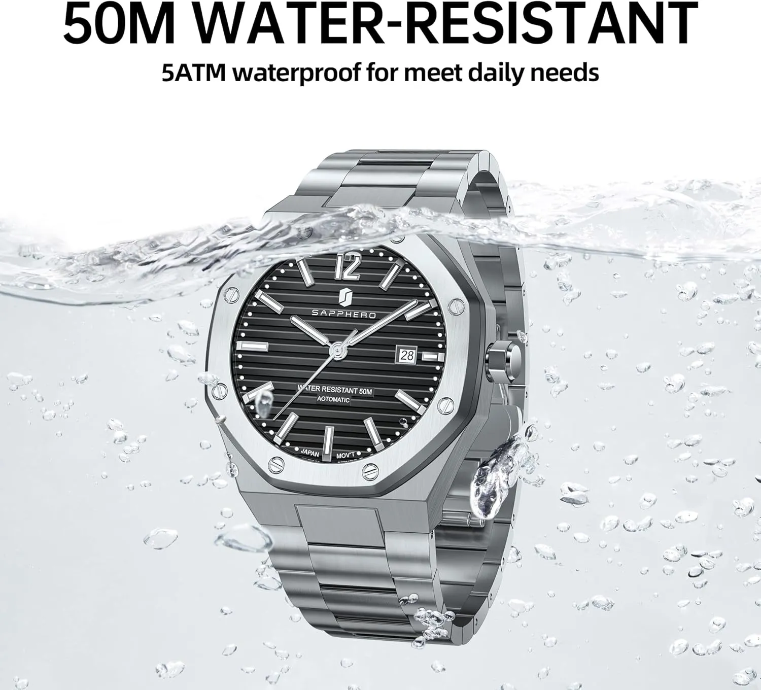 SAPPHERO Men's Watches Mechanical Automatic Watches for Men Date Luxury Analog 50 Meter Waterproof Business Sports Stainless Steel Strap Wristwatches for Man