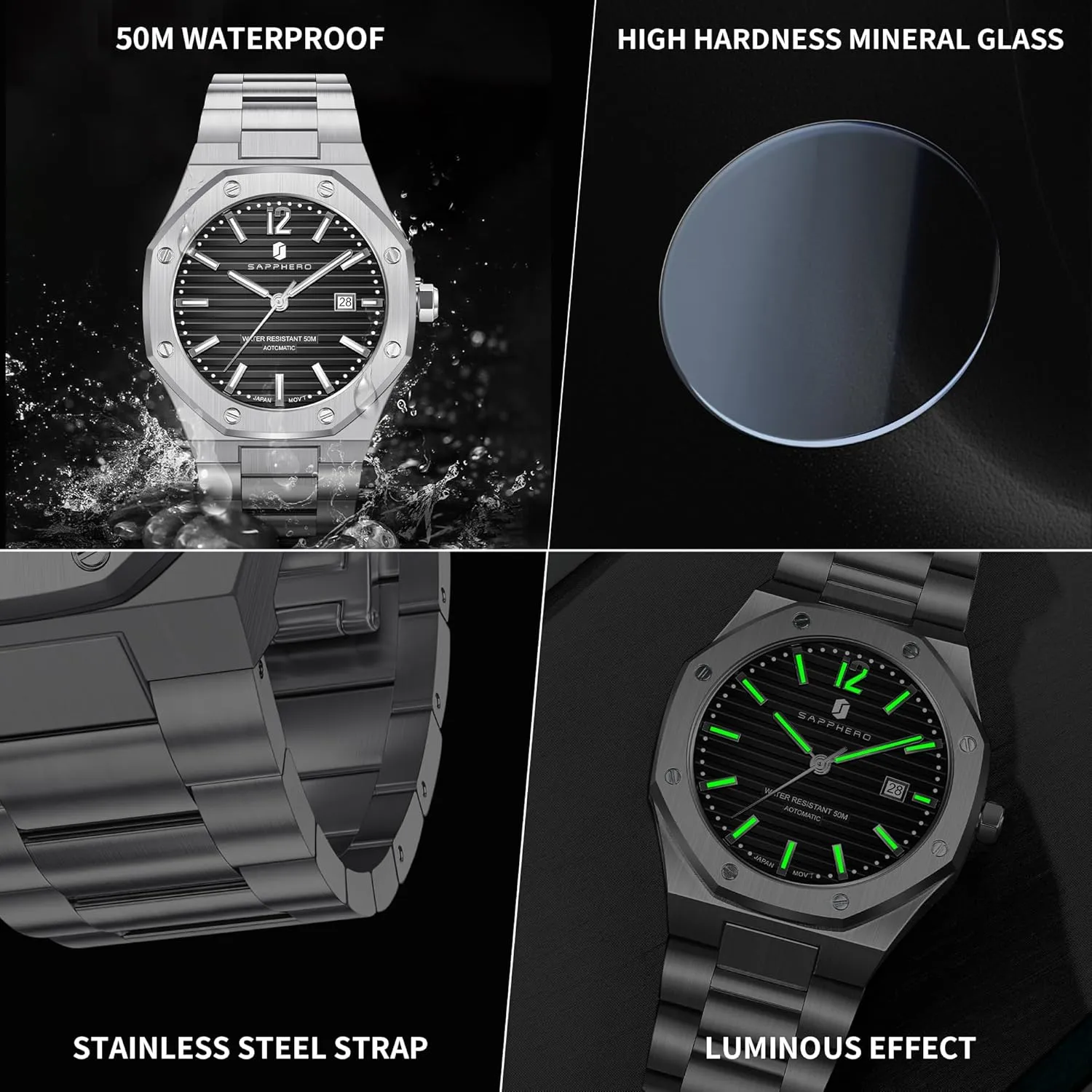 SAPPHERO Men's Watches Mechanical Automatic Watches for Men Date Luxury Analog 50 Meter Waterproof Business Sports Stainless Steel Strap Wristwatches for Man