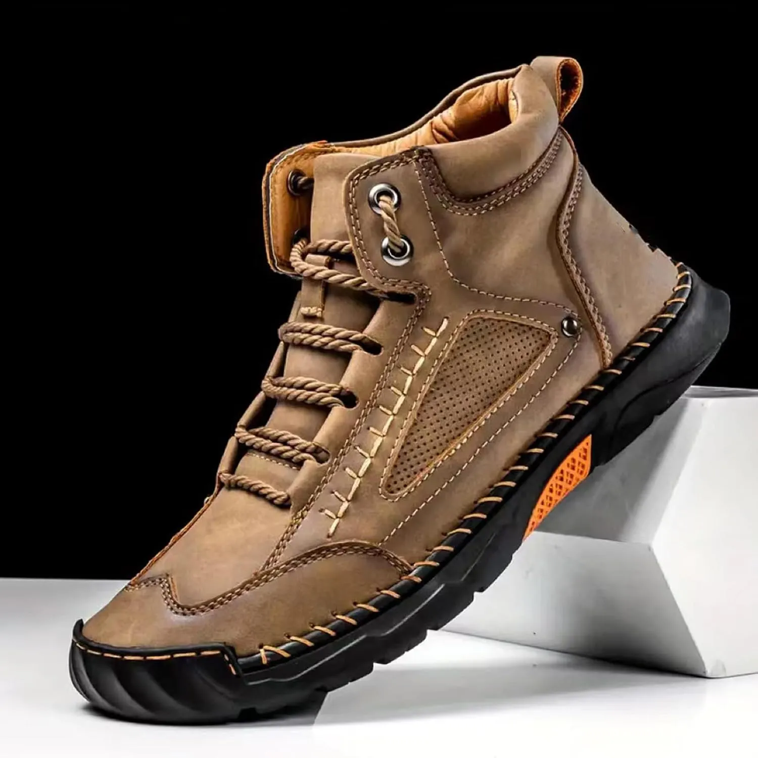 Sawbehind Men's Comfortable Handmade Leather Boots – Waterproof, Spacious Toe Box Outdoor Leather Shoes, Arch Support