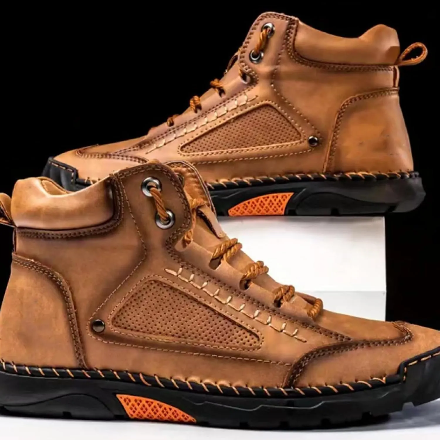 Sawbehind Men's Comfortable Handmade Leather Boots – Waterproof, Spacious Toe Box Outdoor Leather Shoes, Arch Support