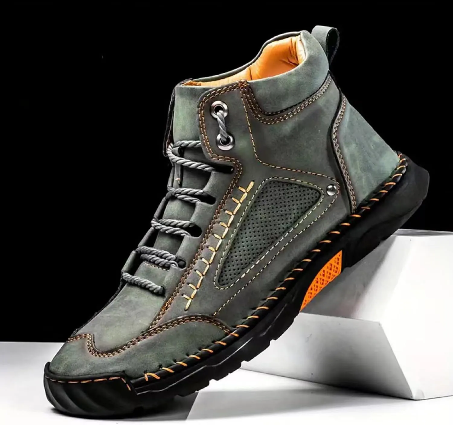 Sawbehind Men's Comfortable Handmade Leather Boots – Waterproof, Spacious Toe Box Outdoor Leather Shoes, Arch Support