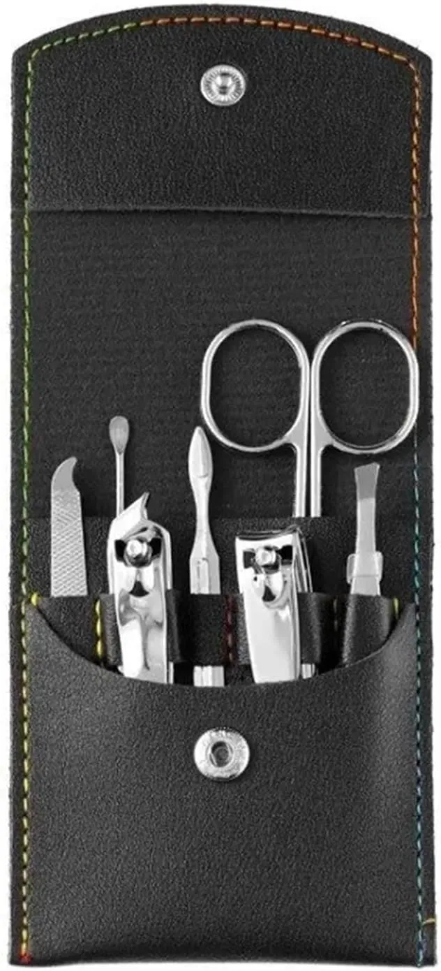 SBTRKT Beauty and Enhancement Tool Set 7 Piece Folding Bag Nail Clippers Portable Household Diagonal Ear Spoon (Color : Black)