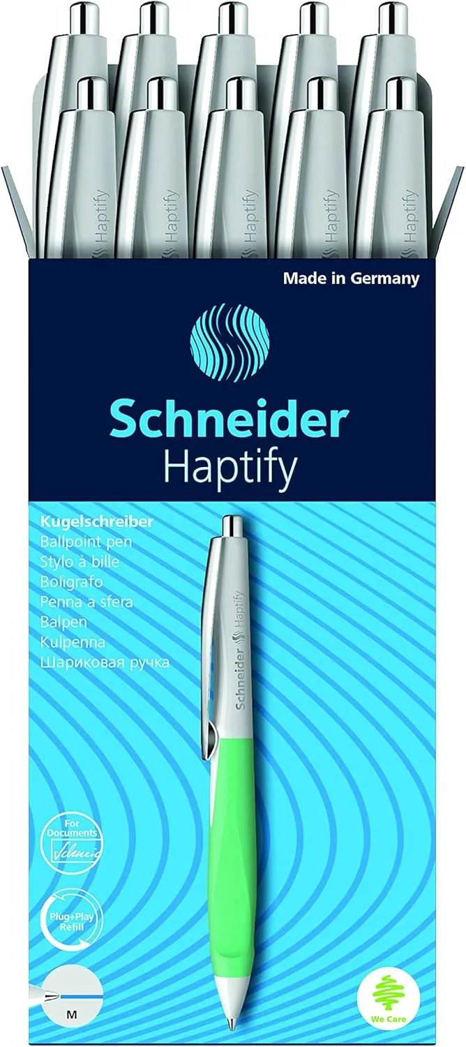 Schneider Haptify Ballpoint Pen, M (Medium), Refillable and Retractable, White-Mint Barrel, Box of 10 Pens, Blue Ink (135334)