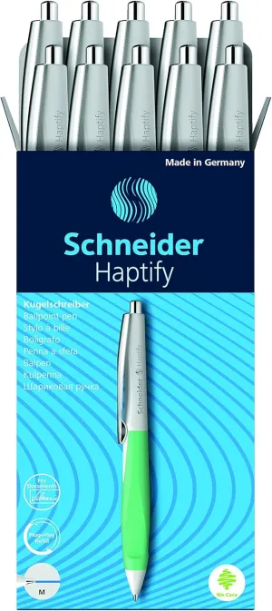 Schneider Haptify Ballpoint Pen, M (Medium), Refillable and Retractable, White-Mint Barrel, Box of 10 Pens, Blue Ink (135334)