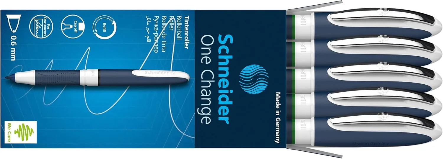 Schneider One Change Rechargeable Rollerball Pen, Box of 5, Green (183704)