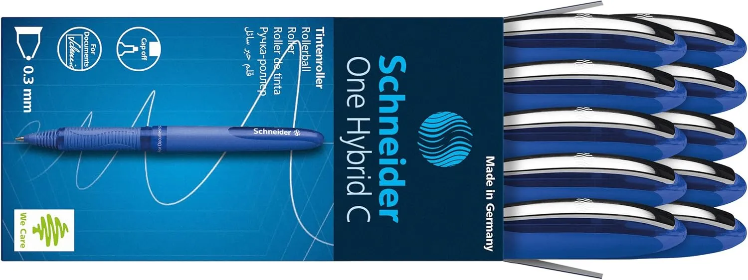 Schneider One Hybrid C Rollerball Pen, 0.3 mm Hybrid Conical Tip, Light Blue Barrel, Blue Ink, Box of 10 Pens (183103)