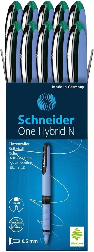Schneider One Hybrid N Rollerball Pen, 0.5 mm Hybrid Needle Tip, Light Blue Barrel, Green Ink, Box of 10 Pens (183504)