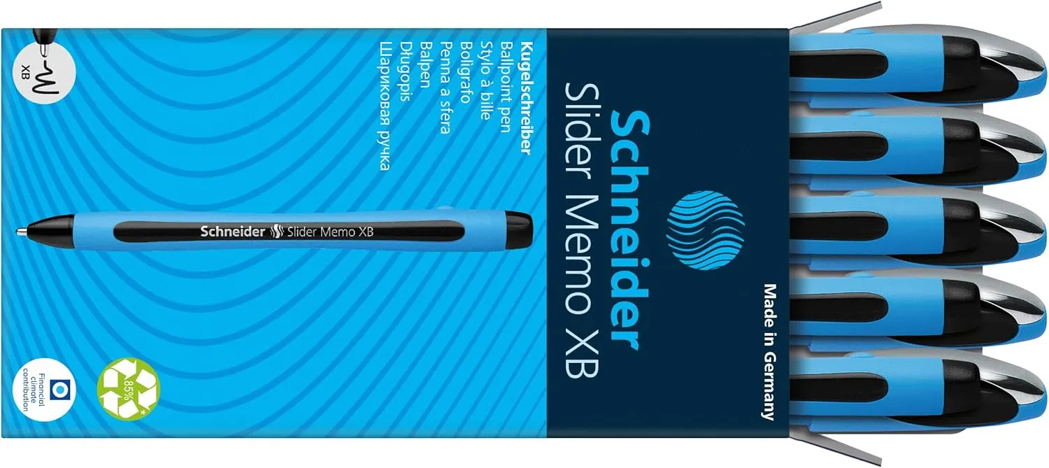 Schneider Slider Memo XB (Extra Broad) Ballpoint Pen, 1.4 mm, Light Blue Barrel, Black Ink, Box of 10 Pens (150201)