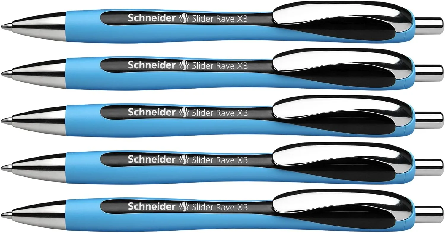 Schneider Slider Rave XB (Extra Broad) Ballpoint Pen, Refillable   Retractable, 1.4 mm, Light Blue Barrel, Black Ink, Box of 5 Pens (132501)
