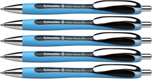Schneider Slider Rave XB (Extra Broad) Ballpoint Pen, Refillable   Retractable, 1.4 mm, Light Blue Barrel, Black Ink, Box of 5 Pens (132501)