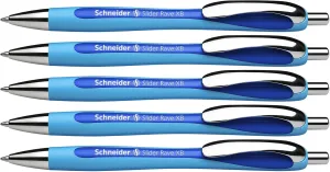 Schneider Slider Rave XB (Extra Broad) Ballpoint Pens, Refillable   Retractable, 1.4 mm, Light Blue Barrel, Blue Ink, Box of 5 Pens (132503)