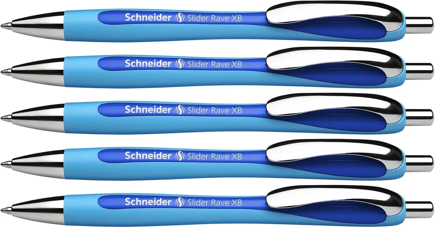 Schneider Slider Rave XB (Extra Broad) Ballpoint Pens, Refillable   Retractable, 1.4 mm, Light Blue Barrel, Blue Ink, Box of 5 Pens (132503)