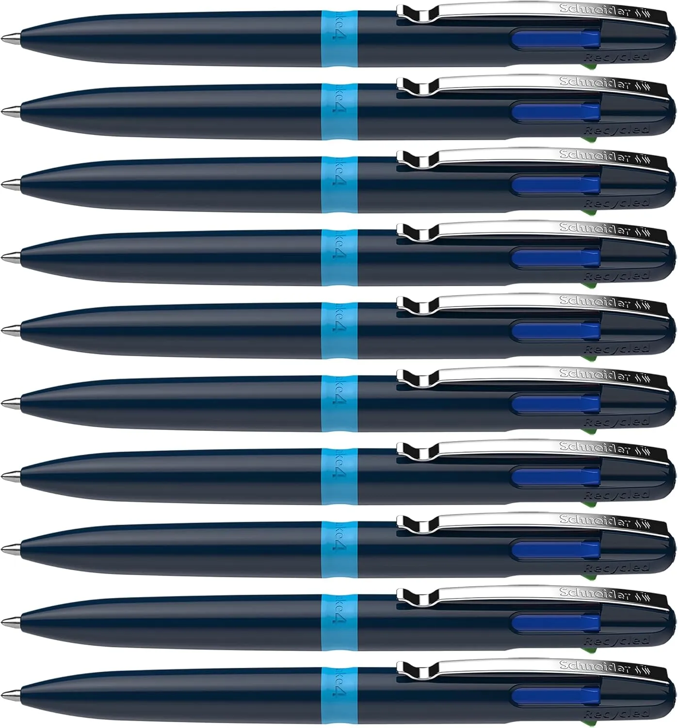 Schneider Take 4 Ballpoint Pen M (Medium), Refillable   Retractable, Dark Blue/Light Blue Barrel, 4-In-1 Multicolor Inks: Black, Red, Blue, Green, Box of 10 Pens (138003)