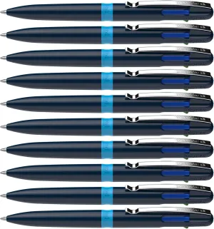 Schneider Take 4 Ballpoint Pen M (Medium), Refillable   Retractable, Dark Blue/Light Blue Barrel, 4-In-1 Multicolor Inks: Black, Red, Blue, Green, Box of 10 Pens (138003)