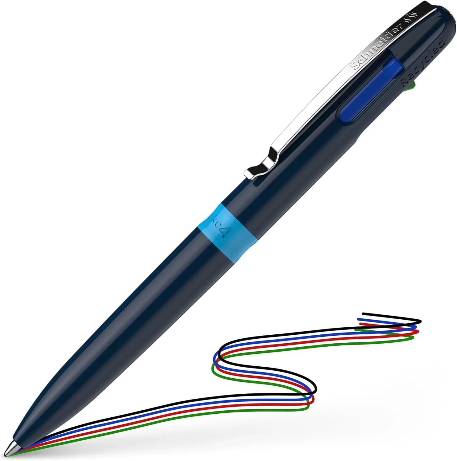 Schneider Take 4 Ballpoint Pen M (Medium), Refillable   Retractable, Dark Blue/Light Blue Barrel, 4-In-1 Multicolor Inks: Black, Red, Blue, Green, Box of 10 Pens (138003)