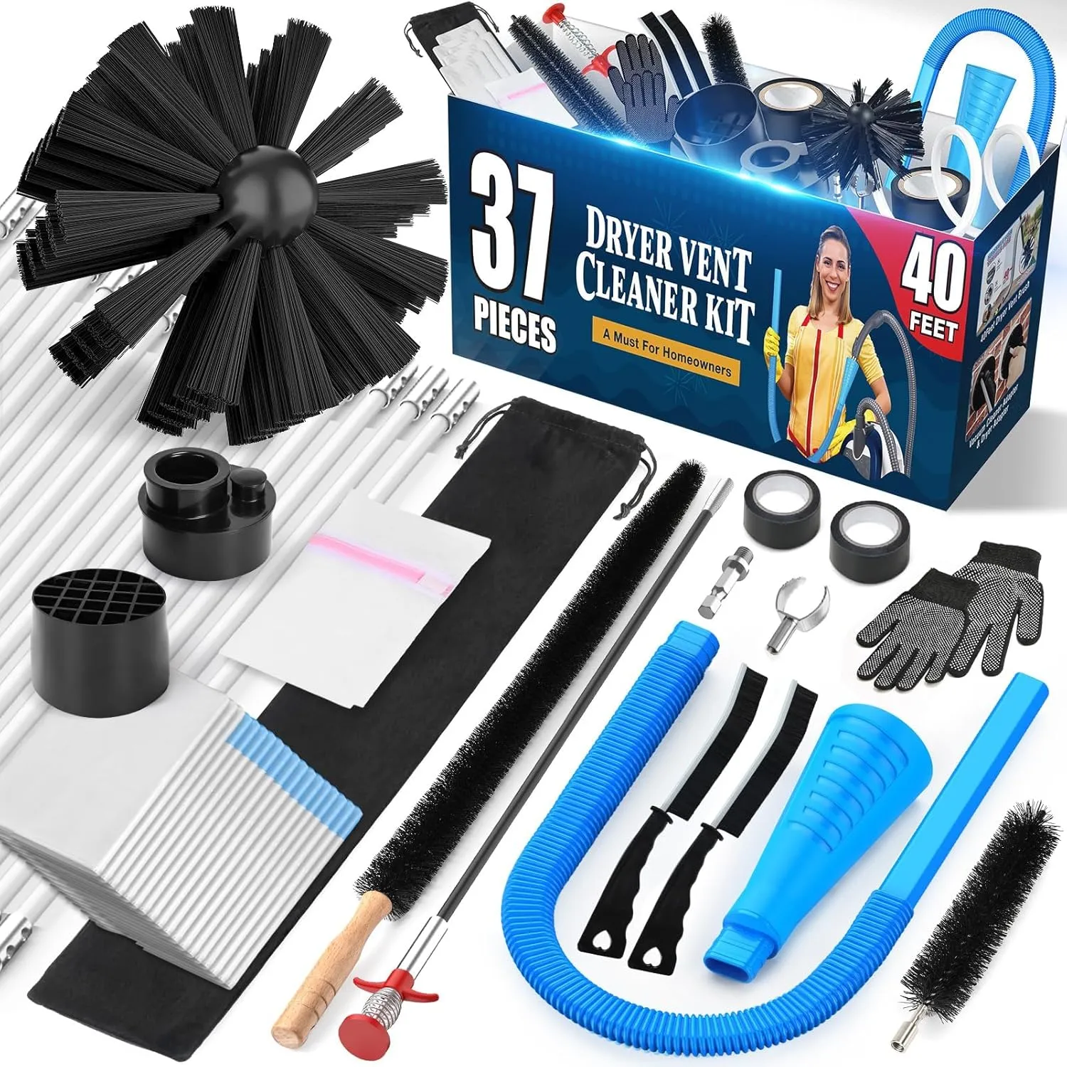 Sealegend 37-Piece 40-Feet Dryer Vent Cleaner Kit, Dryer Cleaning Tools, Omnidirectional Dryer Lint Vacuum Attachment, Dryer Vent Brush, Universal Vacuum & Dryer Adapters (Blue)