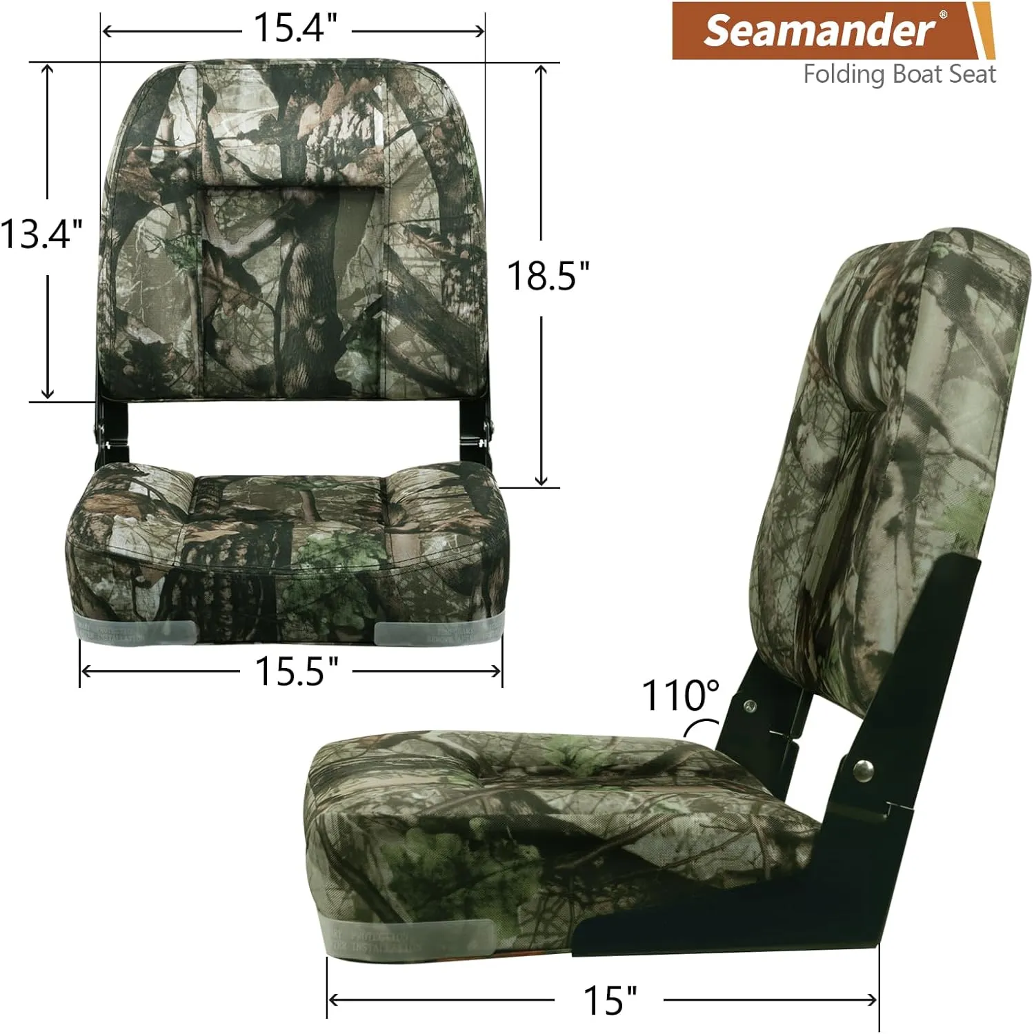 Seamander Low-Back Padded Boat Seats,Fishing Boat Seats with Back Pocket & Breathable Mesh Bottom - 110° Ergonomic Design,Fold-Down Seats