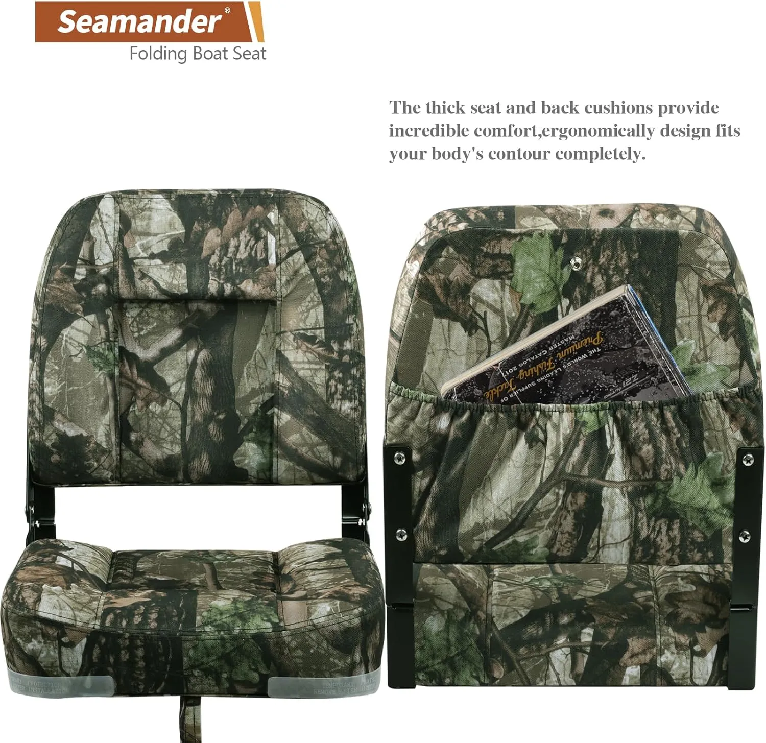 Seamander Low-Back Padded Boat Seats,Fishing Boat Seats with Back Pocket & Breathable Mesh Bottom - 110° Ergonomic Design,Fold-Down Seats
