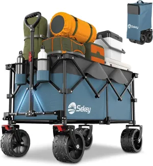 Sekey 220L Collapsible Foldable Wagon with 330lbs Weight Capacity, Heavy Duty Folding Wagon Cart with Big All-Terrain Wheels & Drink Holders. Blue&Grey