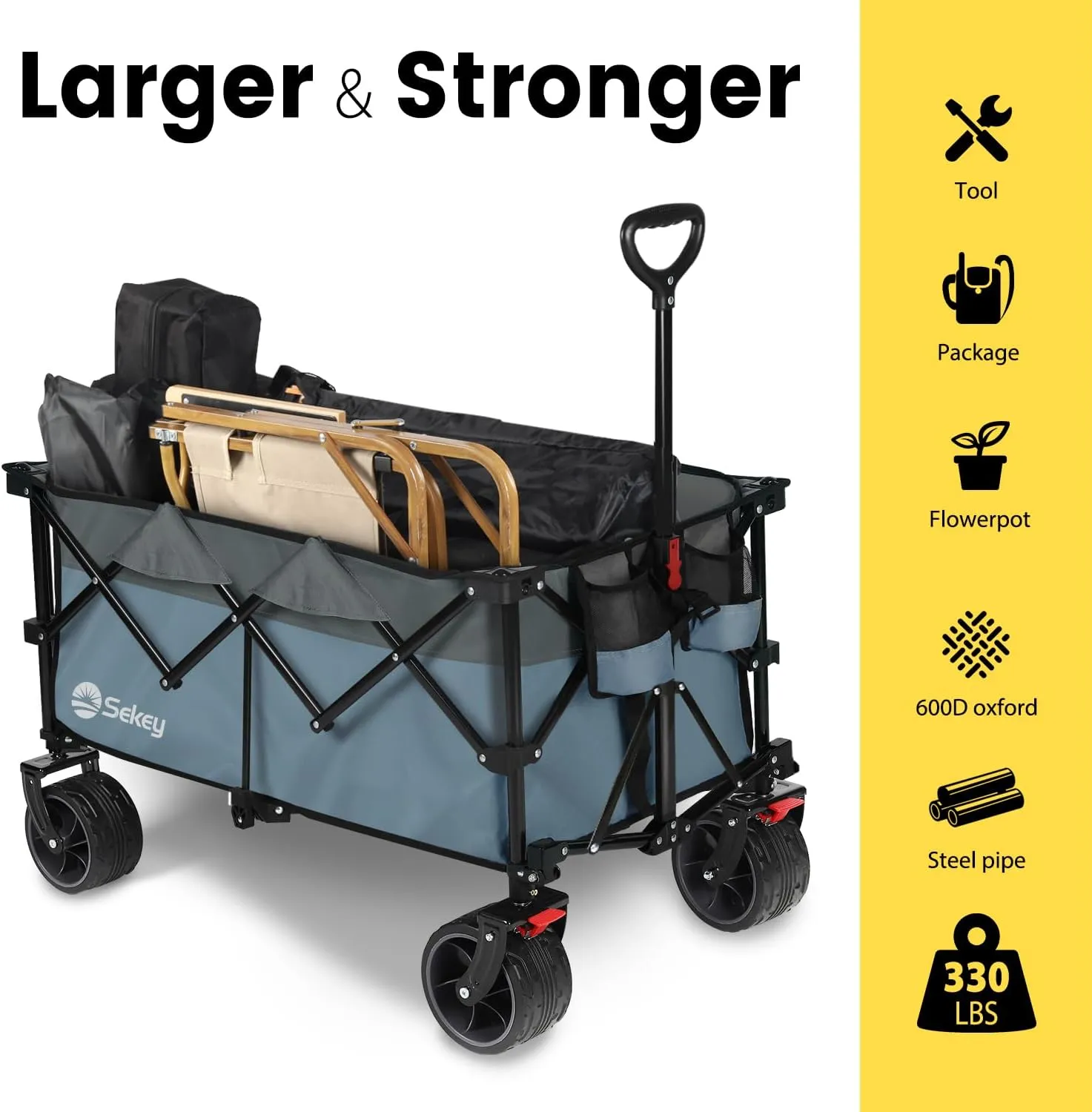 Sekey 220L Collapsible Foldable Wagon with 330lbs Weight Capacity, Heavy Duty Folding Wagon Cart with Big All-Terrain Wheels & Drink Holders. Blue&Grey