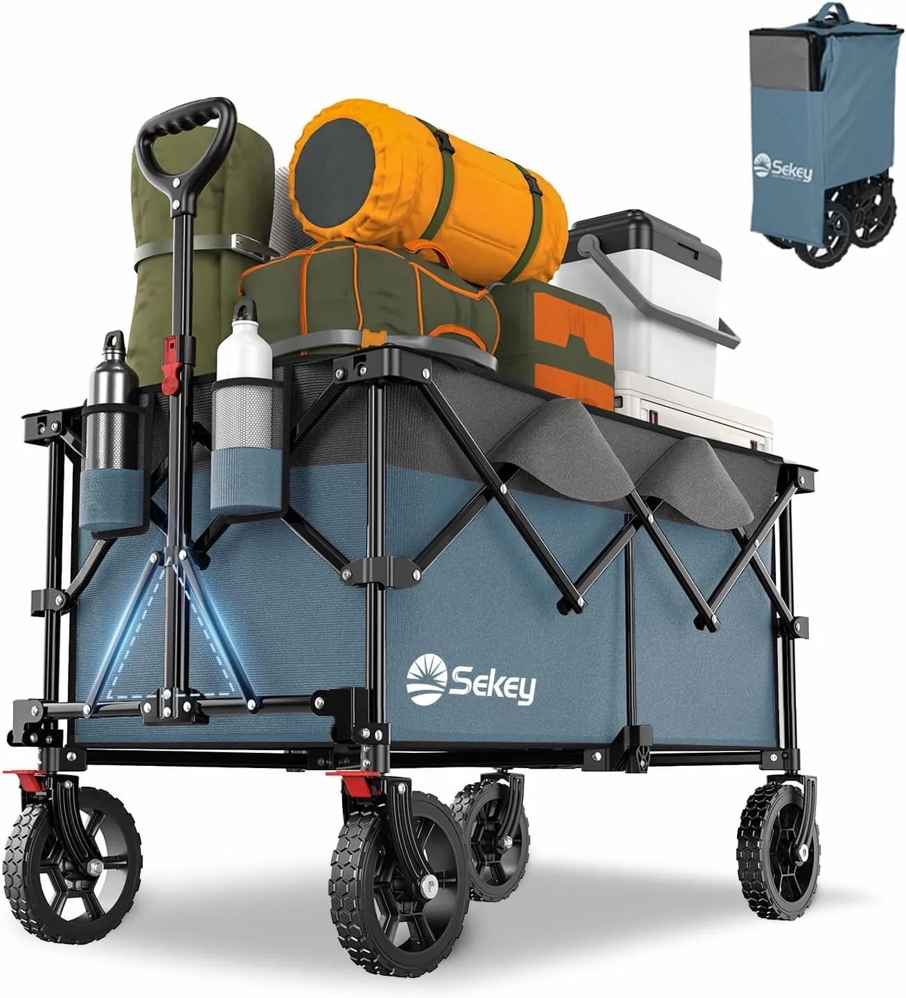 Sekey 220L Collapsible Foldable Wagon with 330lbs Weight Capacity, Heavy Duty Folding Wagon Cart with Big All-Terrain Wheels & Drink Holders.Blue&Grey