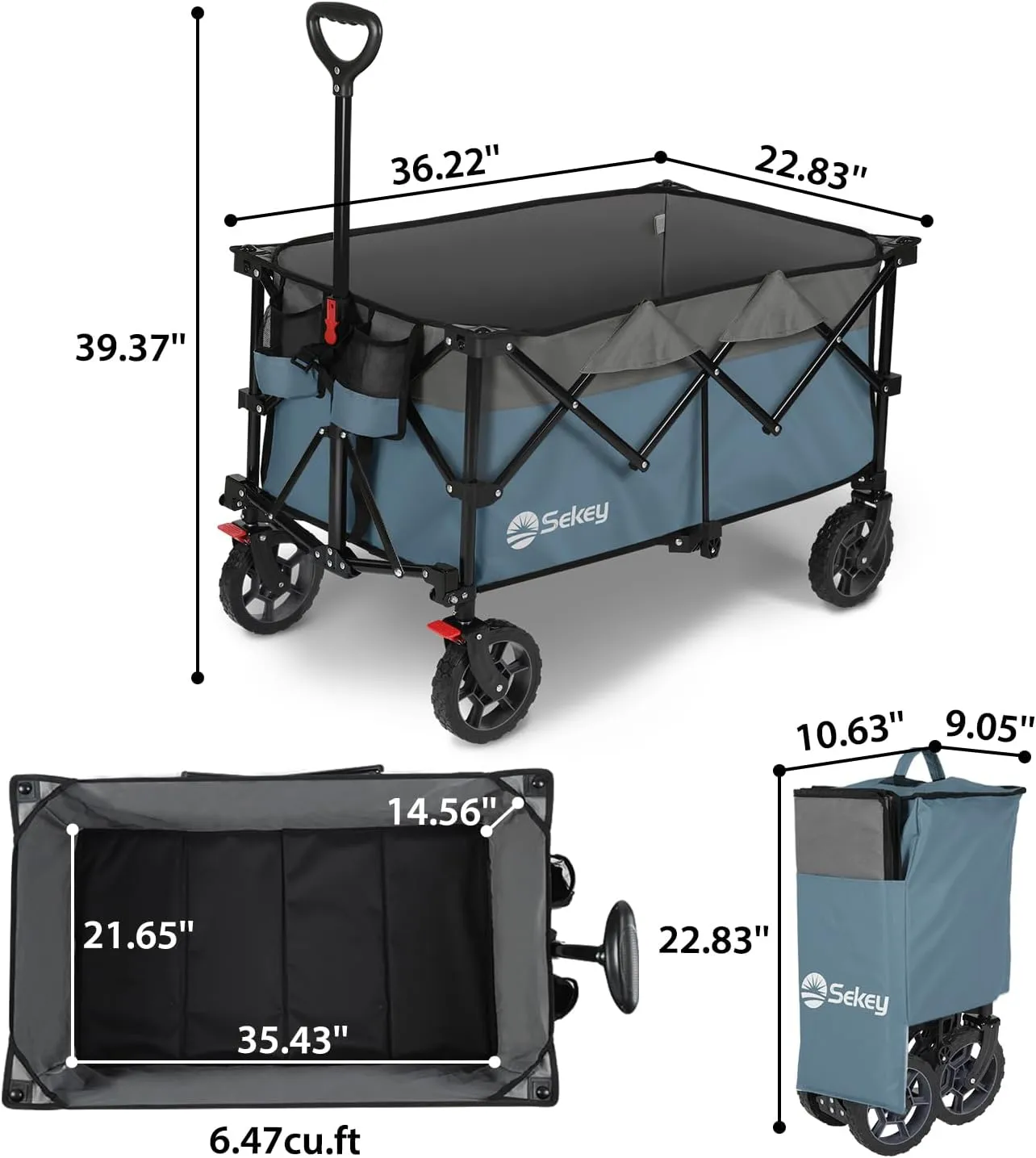 Sekey 220L Collapsible Foldable Wagon with 330lbs Weight Capacity, Heavy Duty Folding Wagon Cart with Big All-Terrain Wheels & Drink Holders.Blue&Grey