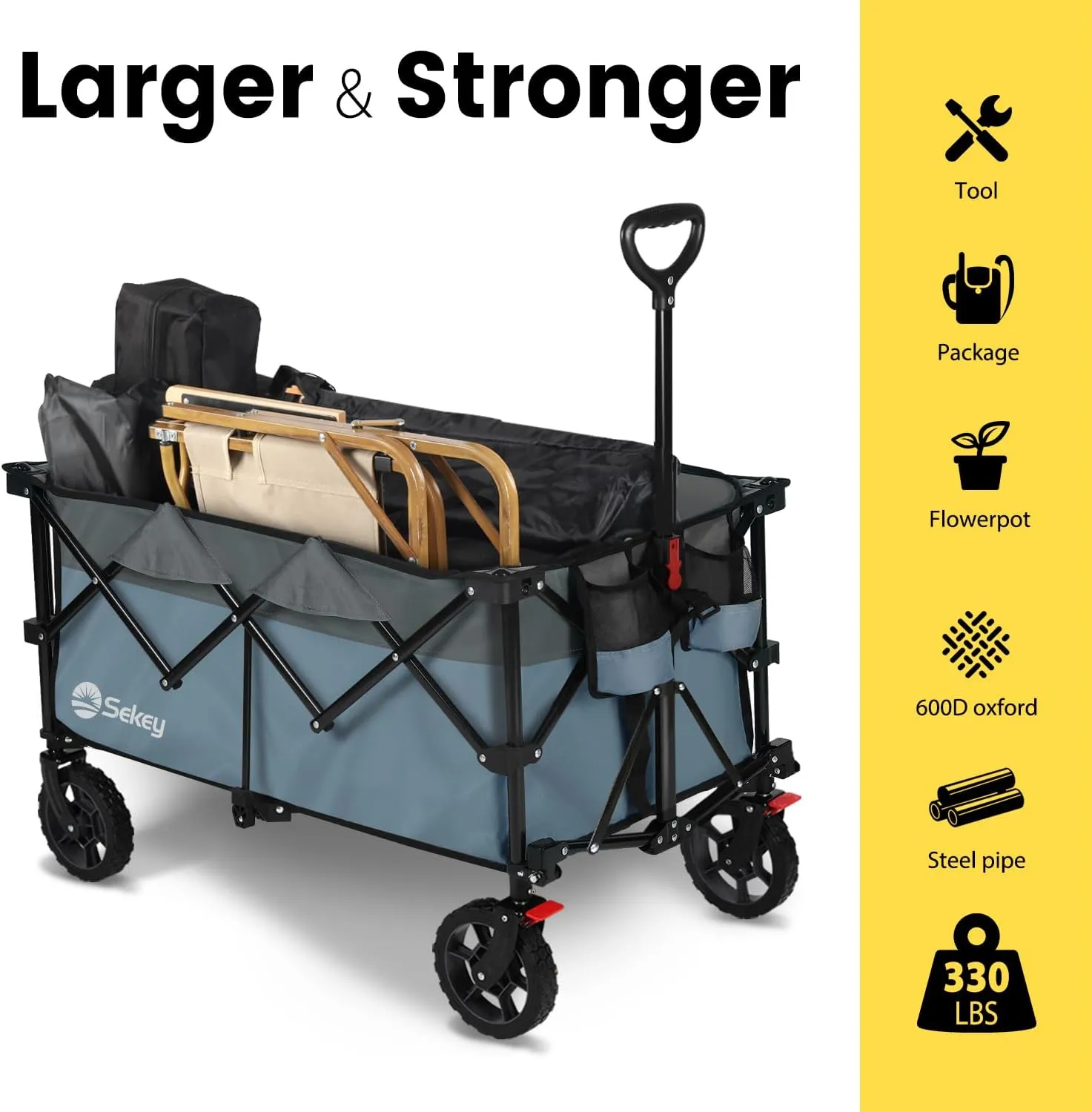 Sekey 220L Collapsible Foldable Wagon with 330lbs Weight Capacity, Heavy Duty Folding Wagon Cart with Big All-Terrain Wheels & Drink Holders.Blue&Grey