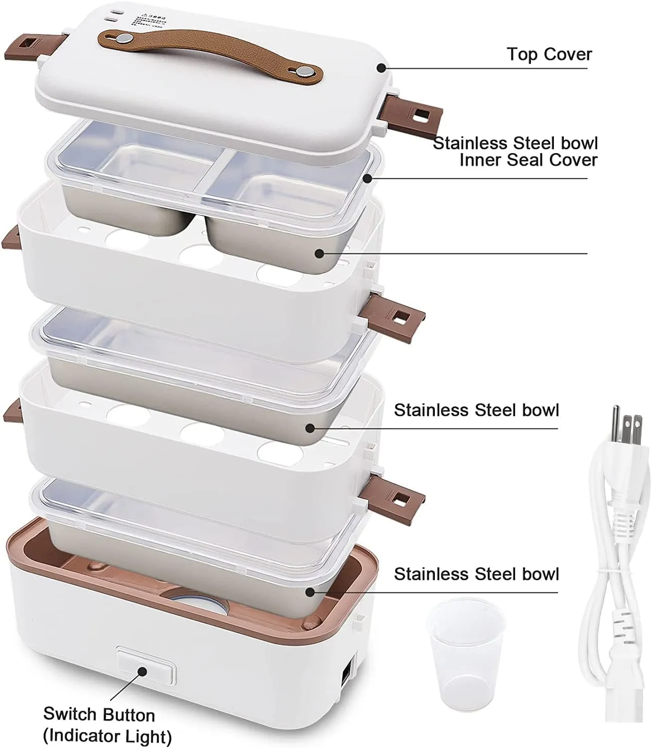 Self Cooking Electric Lunch Box, Portable Food Warmer for On-the-Go, 3 Layers 800ML Slow Cooker Heated Lunch Box for Home Office Travel Cook Food (ONLY THE WALL PLUG)