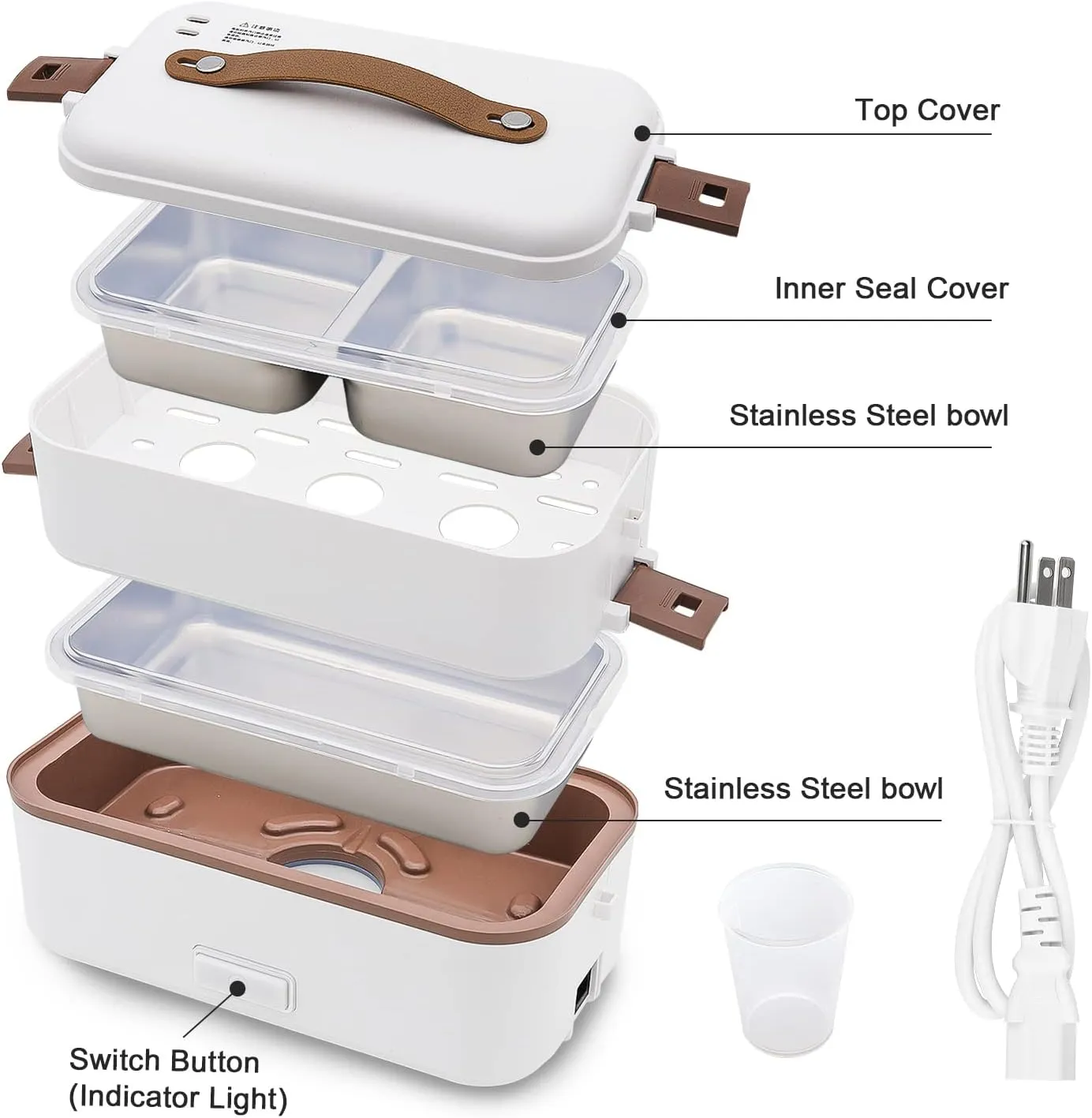 Self Cooking Electric Lunch Box, Portable Food Warmer for On-the-Go,Mini Rice Cooker 2 Layers 800ML Heated Lunch Box for Home Office Cook Food White