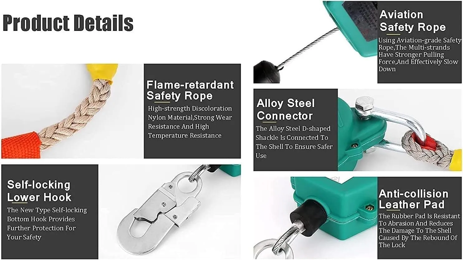 Self-Retracting Rope Lifeline Fall Arrest Block, 10m Inertia Reel Safety Lanyard, Shock Absorbing High-Altitude Fall Protection for Roofing & Construction